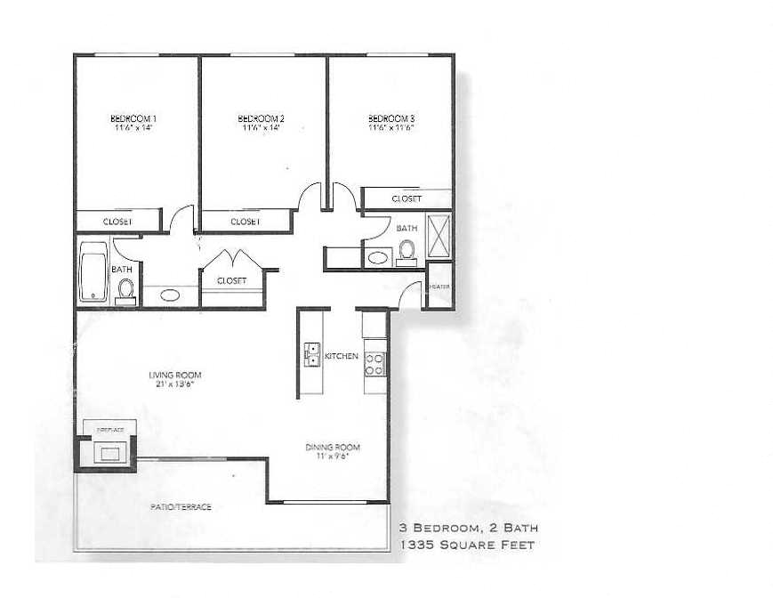 3 Bedroom floor plan for Sylvan Square Apartments